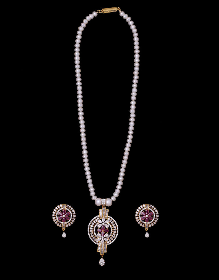 White Cultured Pearl Set with Red Flower Pendant