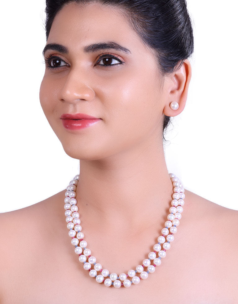 Perfect Round White Freshwater Pearl Ruby & Blue Sapphire Necklace