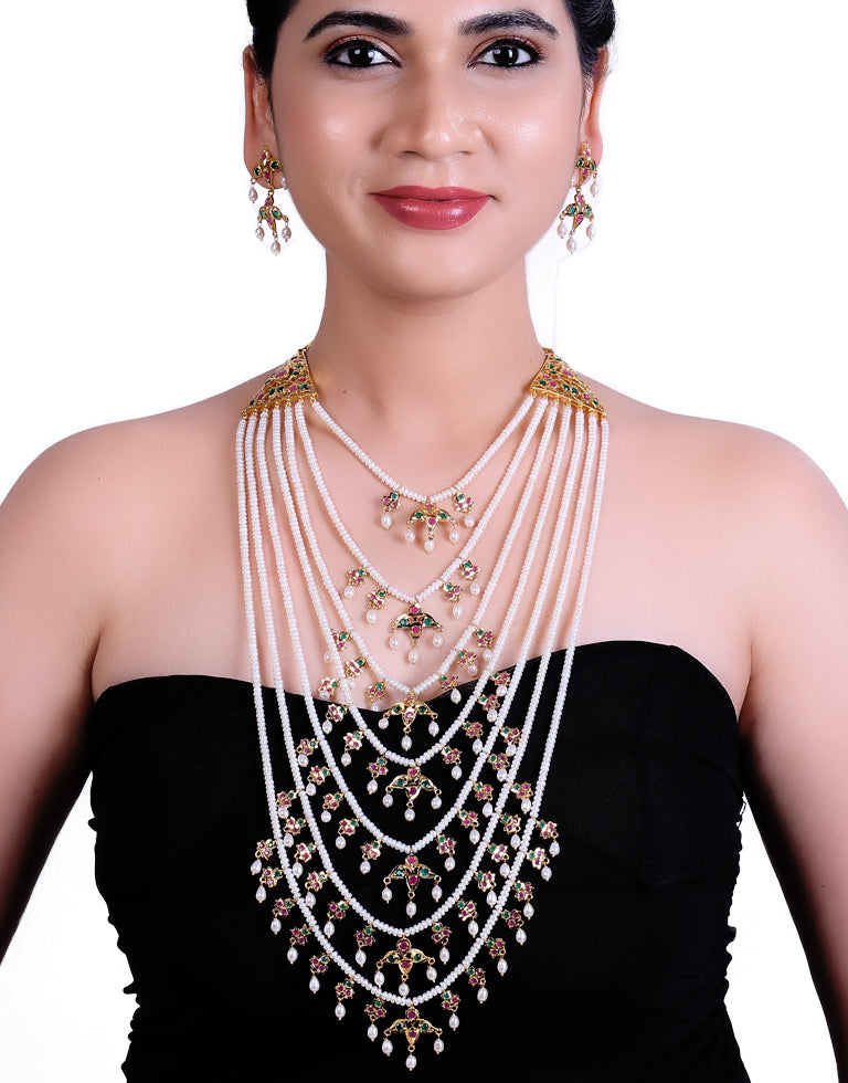 Hyderabadi Traditional Satlada Semi Precious Stone With Freshwater Pearl Necklace Set