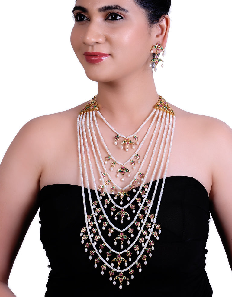 Hyderabadi Traditional Satlada Semi Precious Stone With Freshwater Pearl Necklace Set