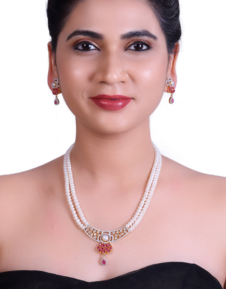 2 Layered White Freshwater Pearl Set with Pink Stone Studded Pendant