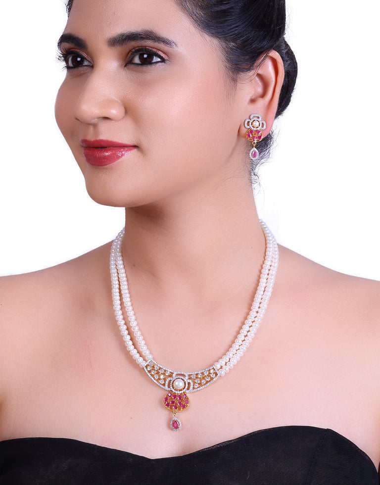 2 Layered White Freshwater Pearl Set with Pink Stone Studded Pendant