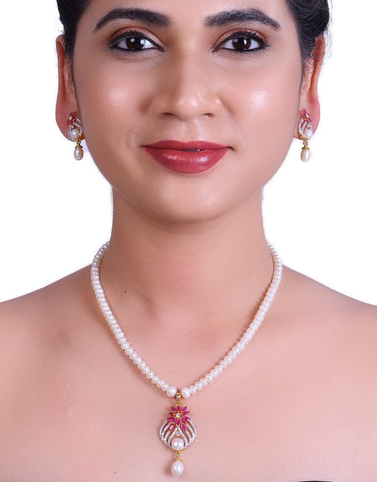 White Pearl Set with Red Stone Studded Pendant