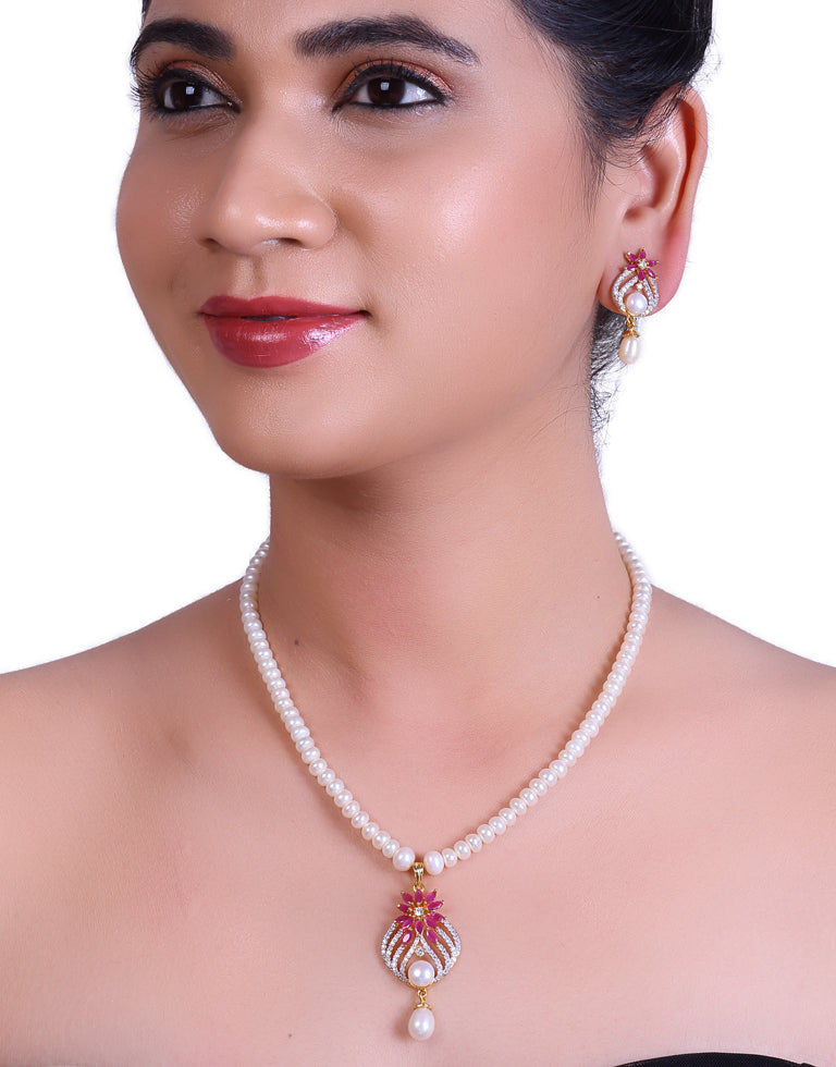 White Pearl Set with Red Stone Studded Pendant