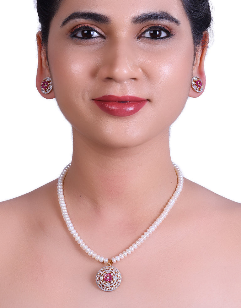 White Cultured Pearl Set with Red Studded Stone Pendant