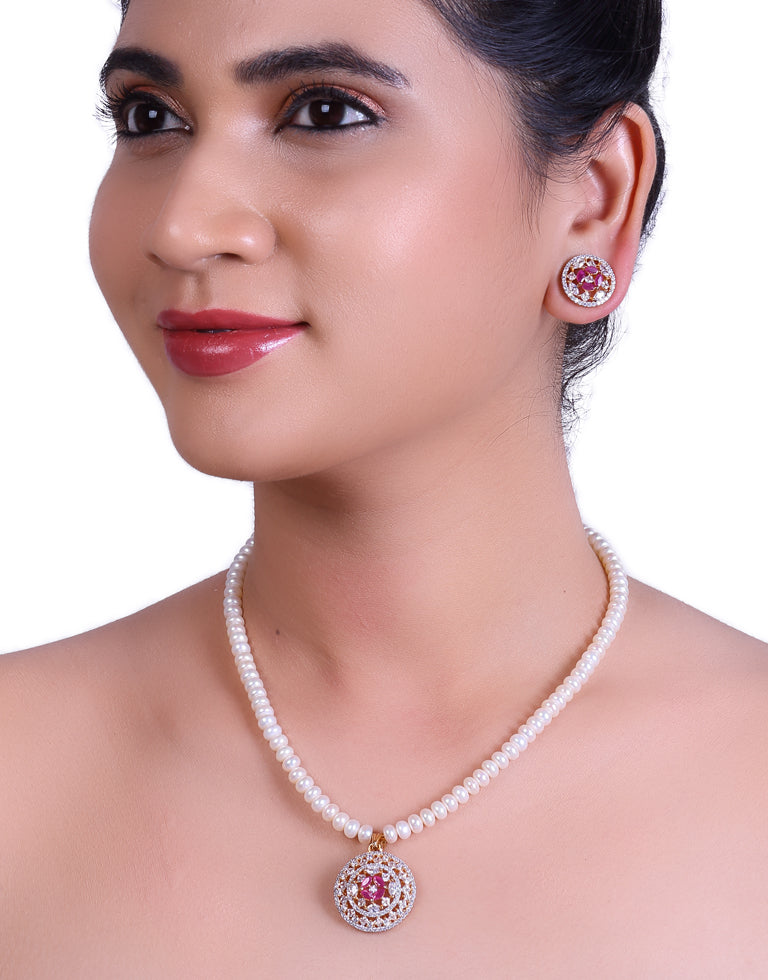 White Cultured Pearl Set with Red Studded Stone Pendant