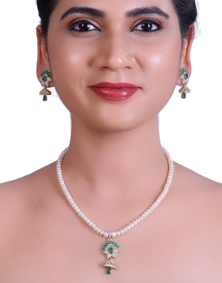 White Pearl Set with Green 'Chattri' Pendant