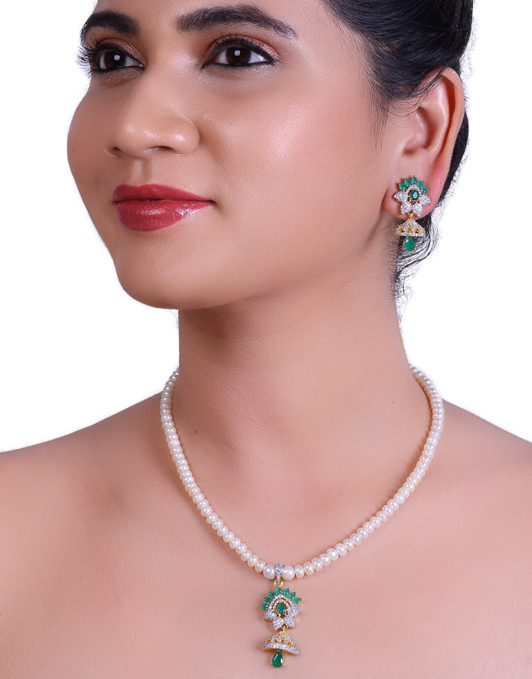 White Pearl Set with Green 'Chattri' Pendant