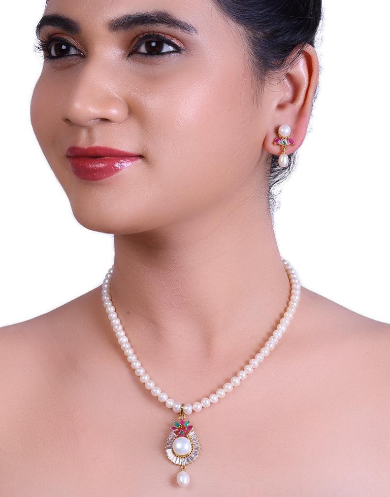Stone Studded Pearl Charms Tangled in Round Beaded Pearl Set