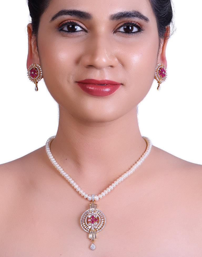 White Cultured Pearl Set with Red Flower Pendant