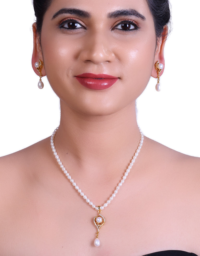 Oval Beaded Pearl Set with Stone Studded Charms And Drop Dangled Pearls