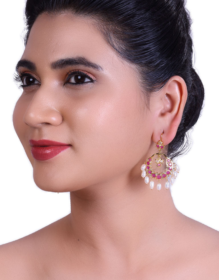 Traditional Chand Bali Semi Precious With CZ Stone & Peral Drop