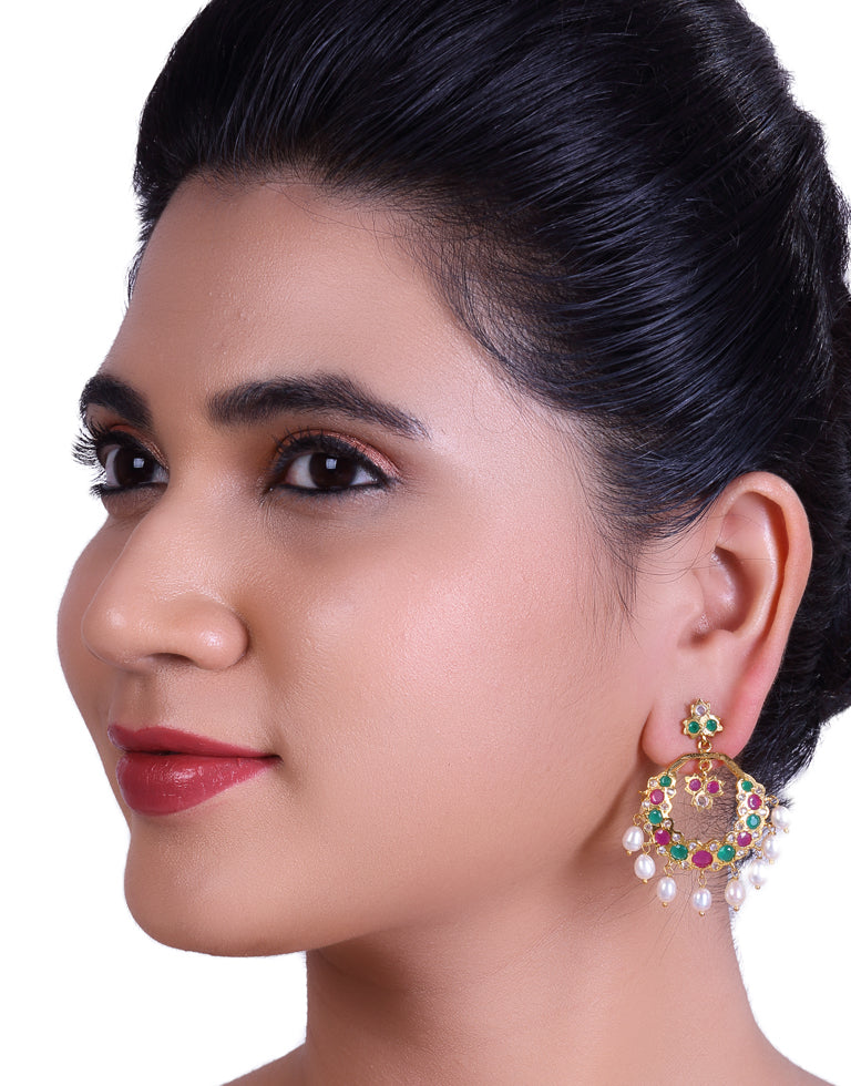 Traditional Chand Bali With Multi-Color Semi Precious Stone & Peral Drop