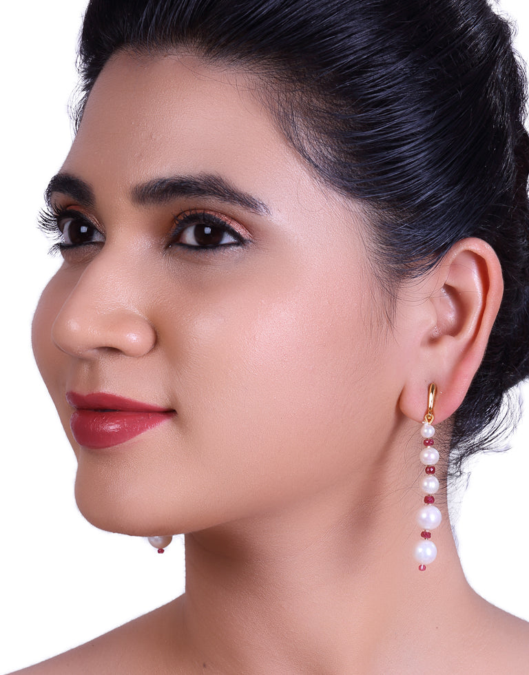 Freshwater Pearl With Gold Cutring Real Ruby Earrings