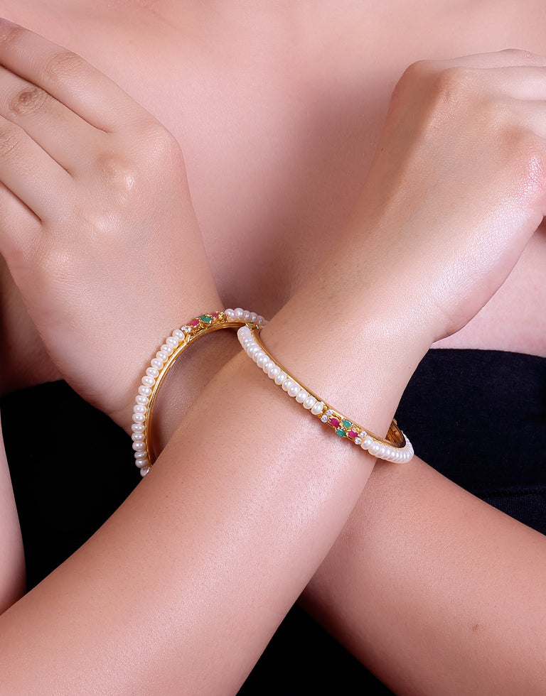 Single Line White Pearl Bangles Embellished With Classic Semi-Precious Stones