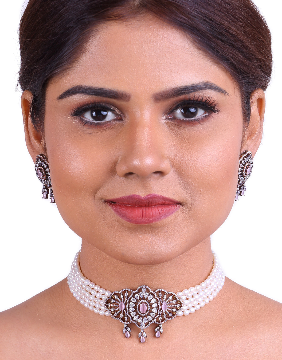 Stunning Beauty- Freshwater Pearl Choker Set, With Cz Semi Precious Stone