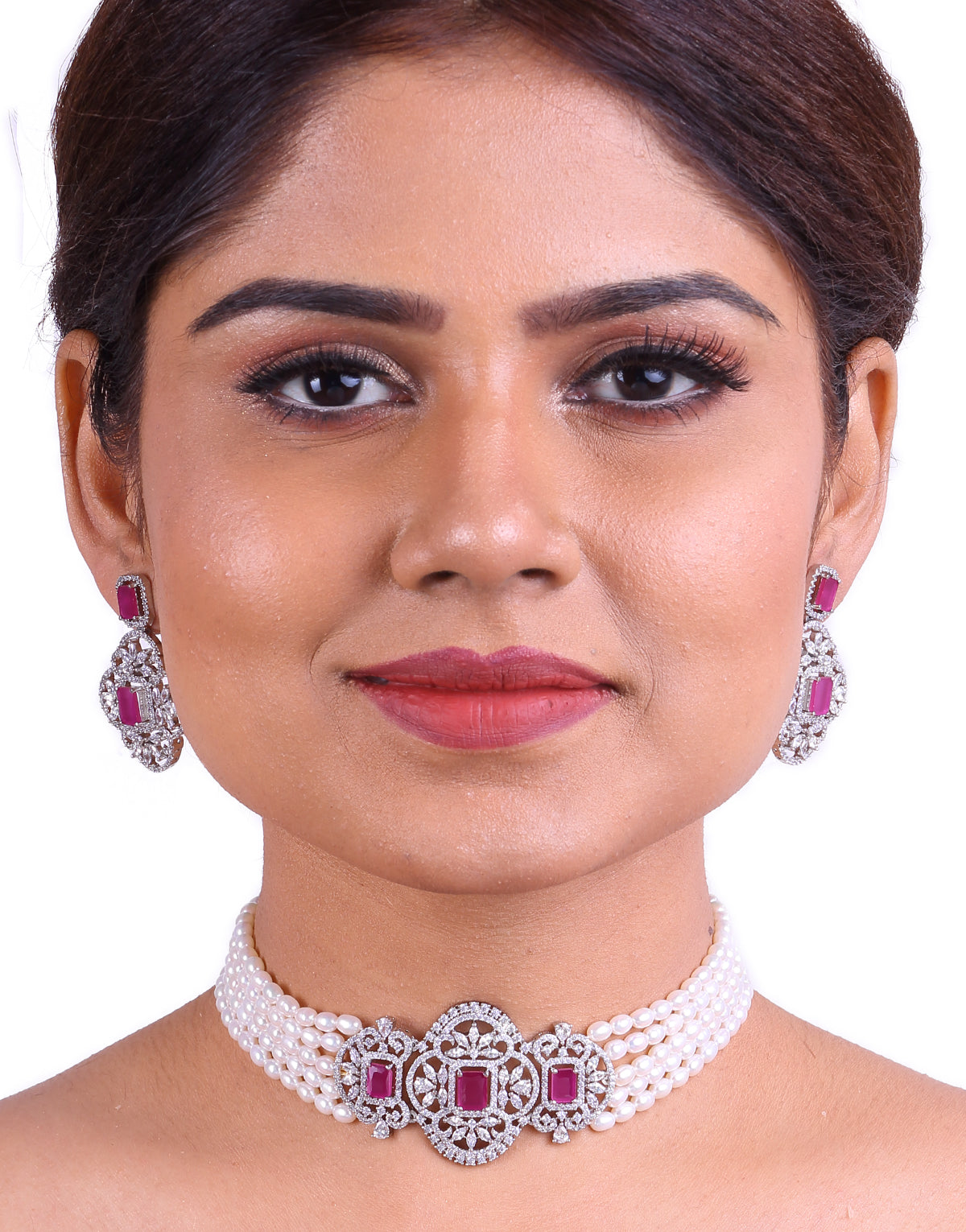 Lovely Sparkle- Freshwater Pearl Choker Set, With Cz Semi Precious Stone