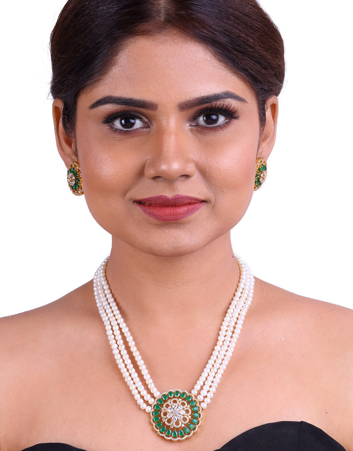 Precious Snow White Freshwater Pearl Set, With Cz Semi Precious Stone