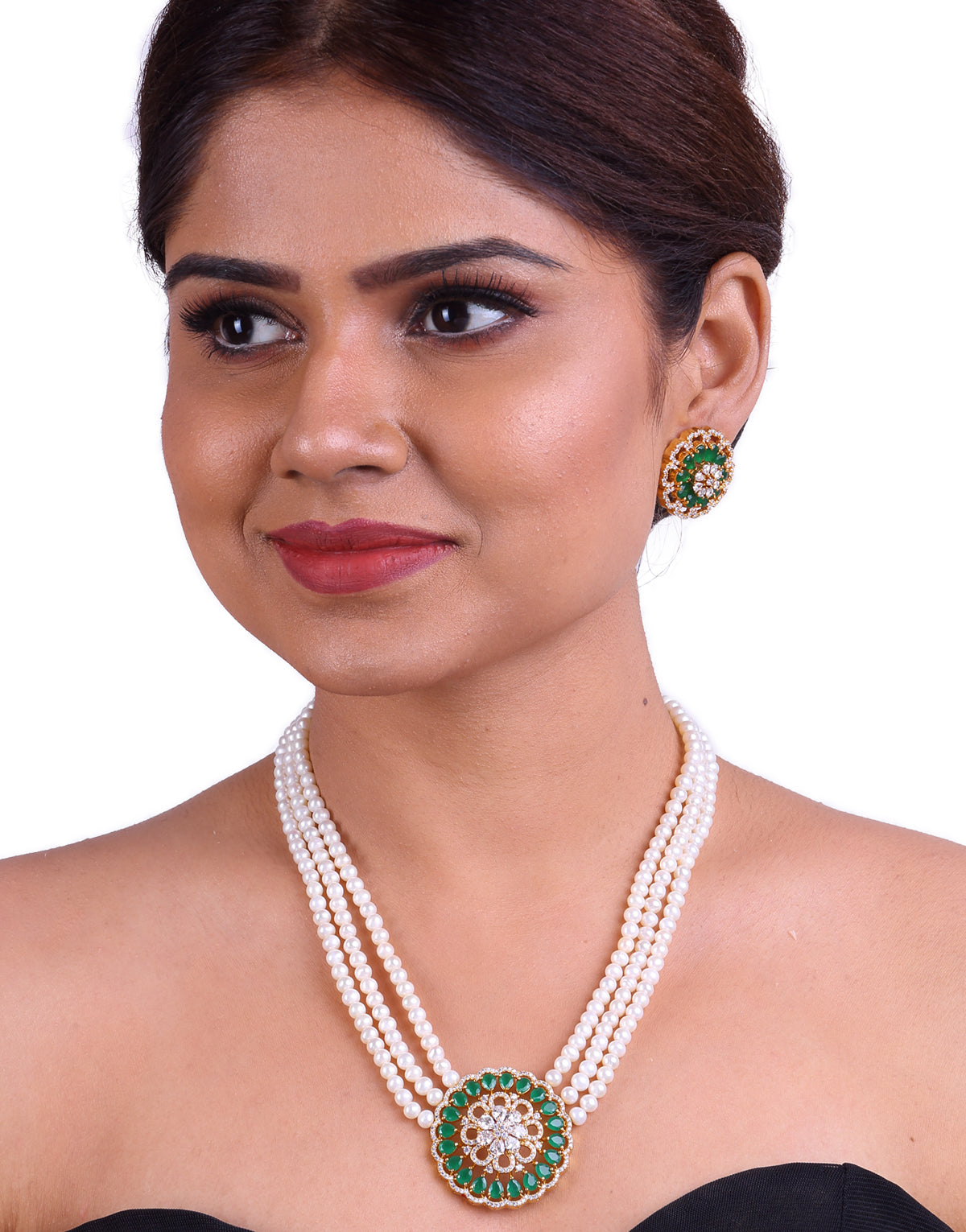 Precious Snow White Freshwater Pearl Set, With Cz Semi Precious Stone