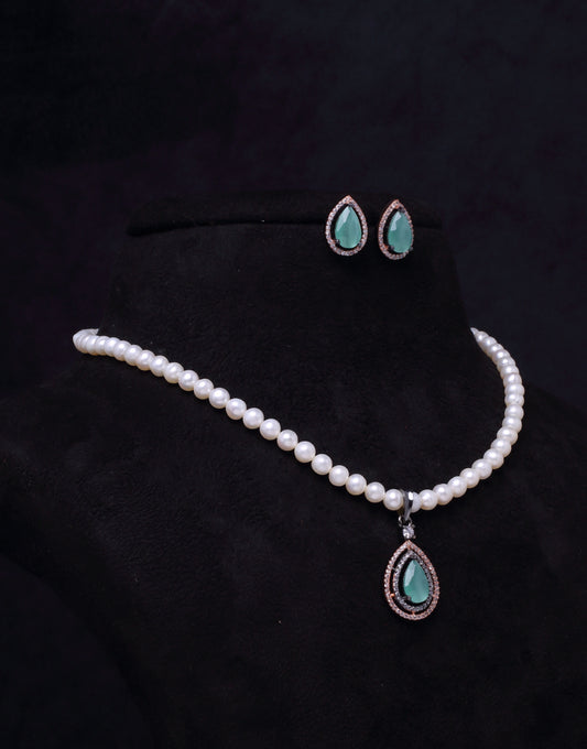 Turquoise Semi Precious Stone Tangled In Oval Shaped Beaded Freshwater Pearl Necklace