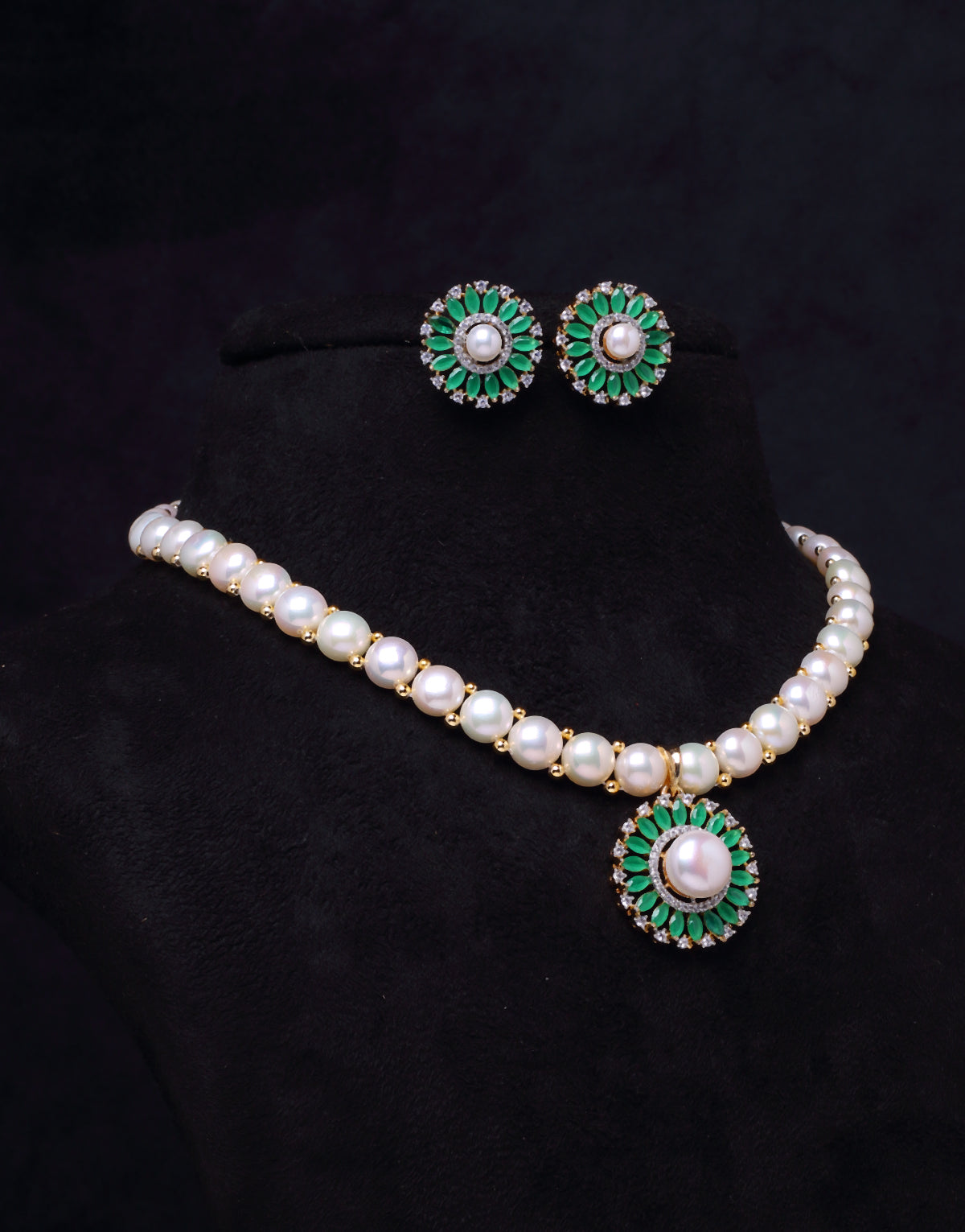 Radiant Freshwater Button Pearl Set with Cz Semi Precious Stone