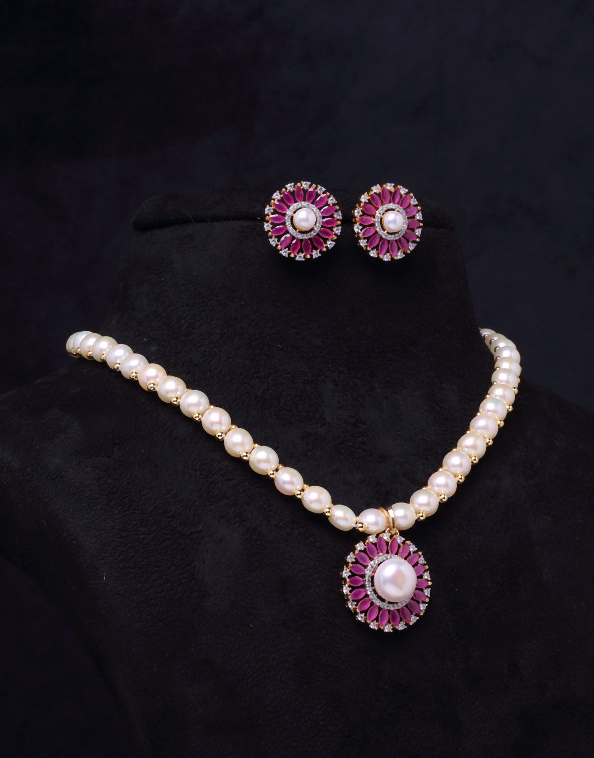 Radiant Freshwater Button Pearl Set with Cz Semi Precious Stone