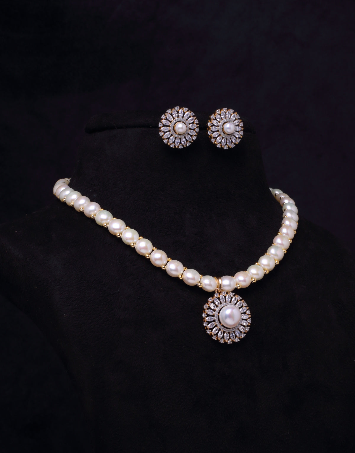 Radiant Freshwater Button Pearl Set with Cz Semi Precious Stone