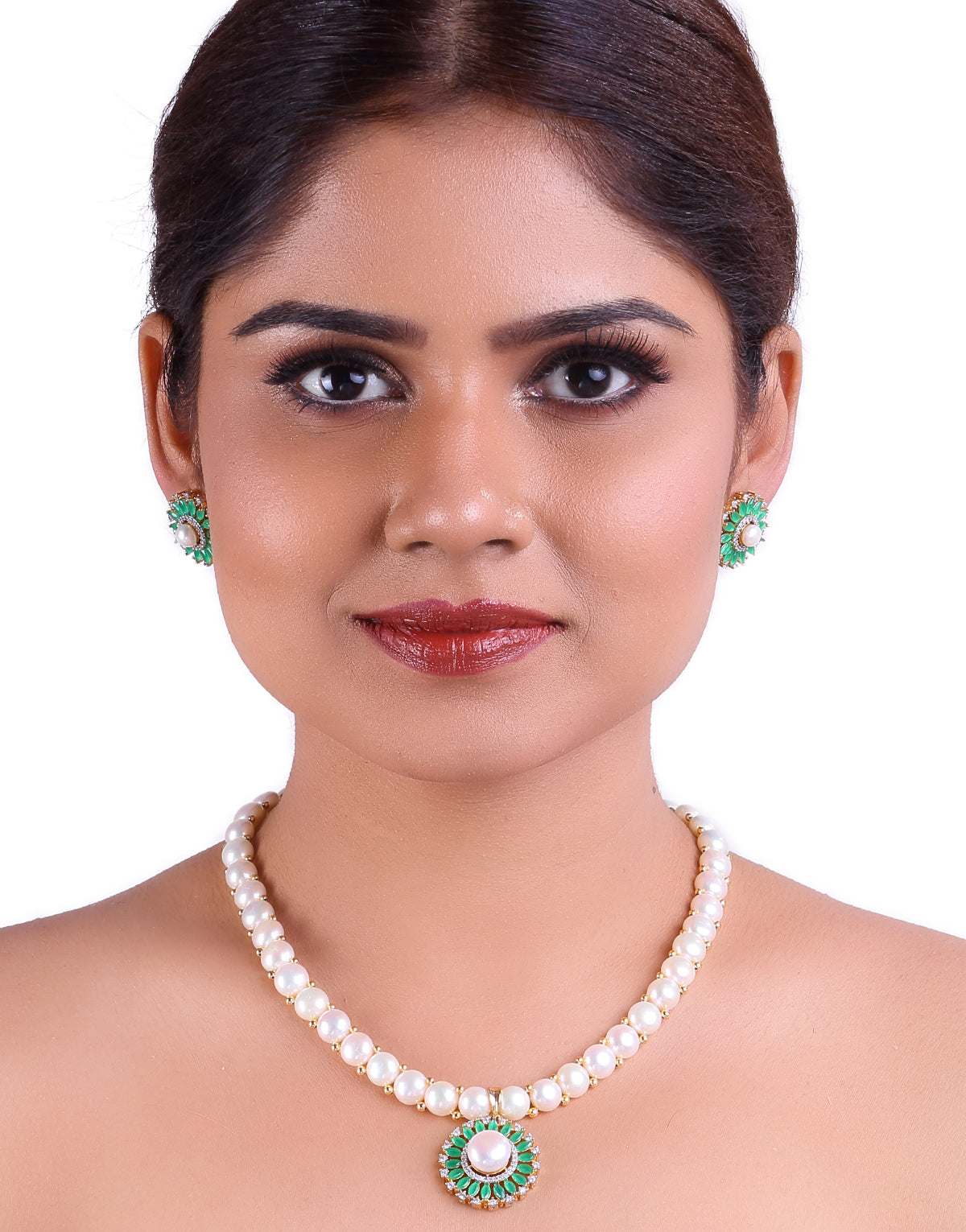 Radiant Freshwater Button Pearl Set with Cz Semi Precious Stone