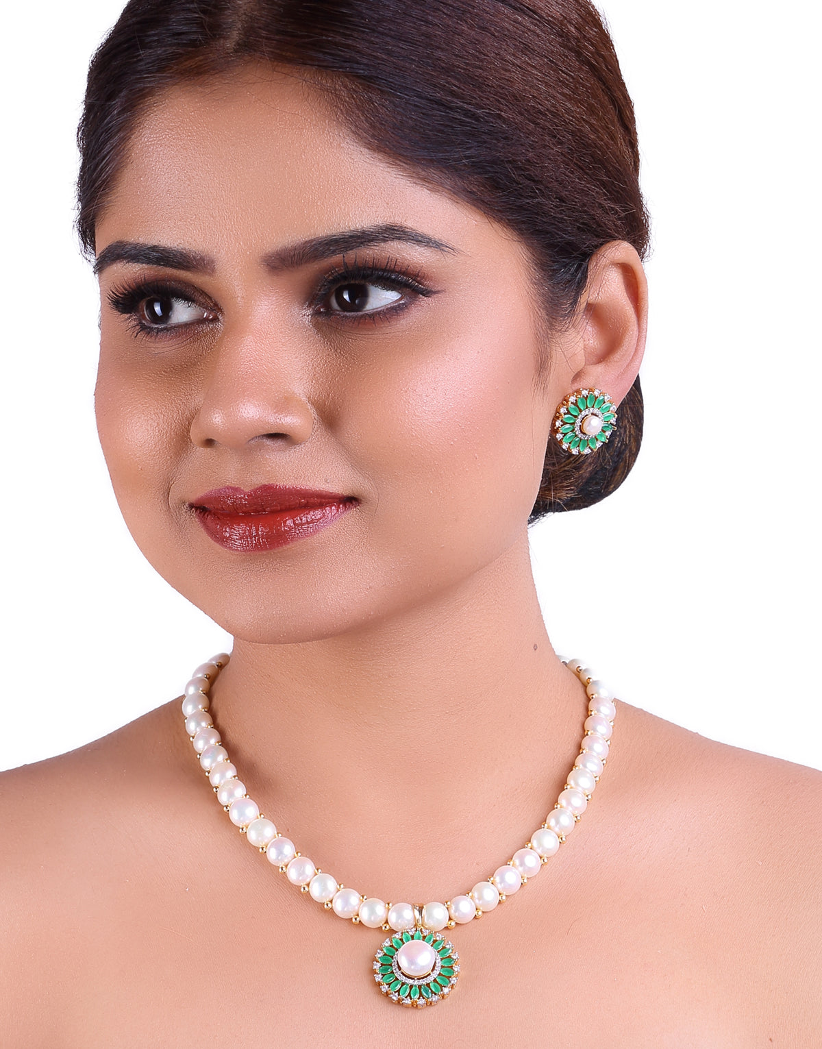 Radiant Freshwater Button Pearl Set with Cz Semi Precious Stone