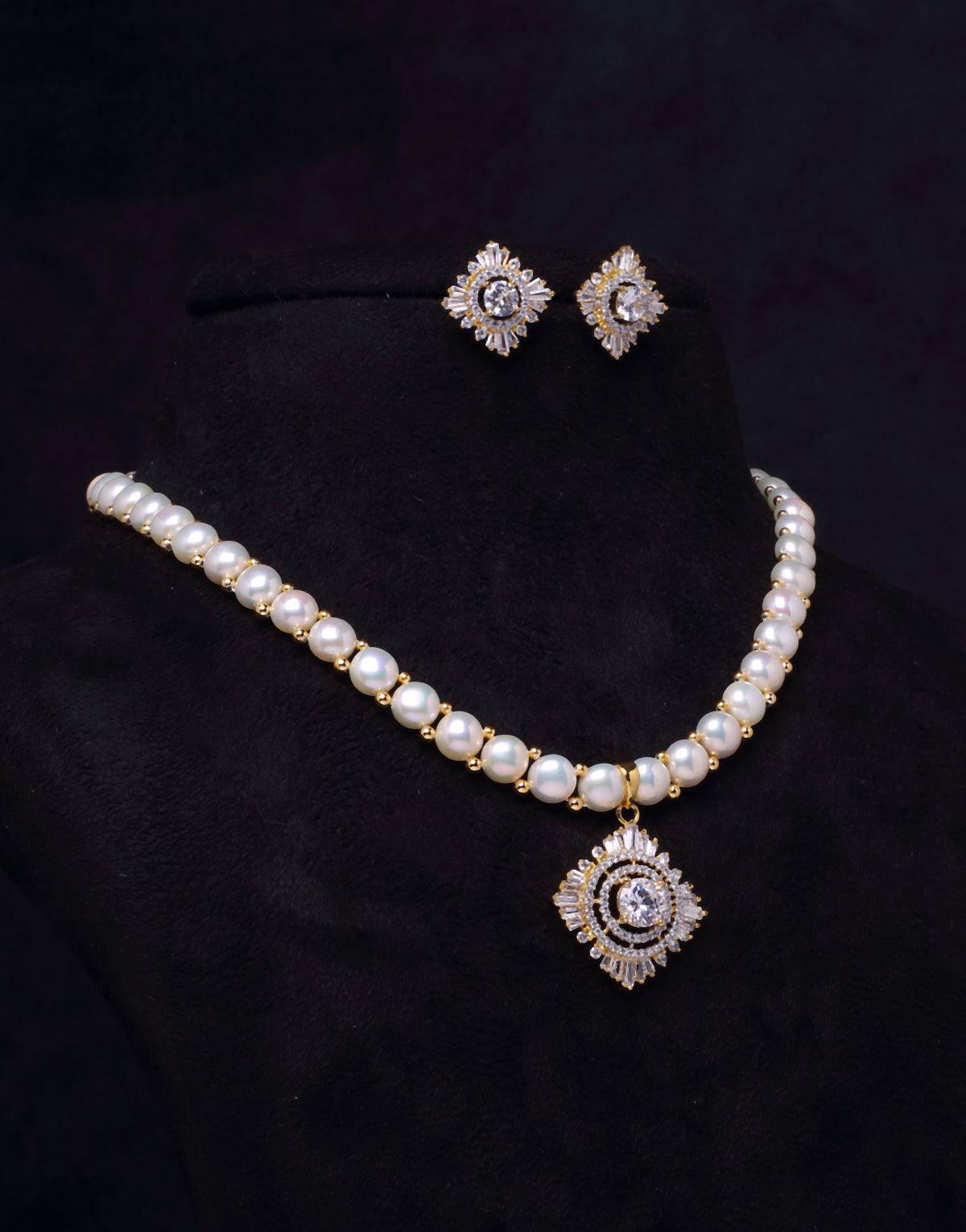 Lustrous and Dazzling Freshwater Button Pearl Set, With Cz Semi Precious Stone