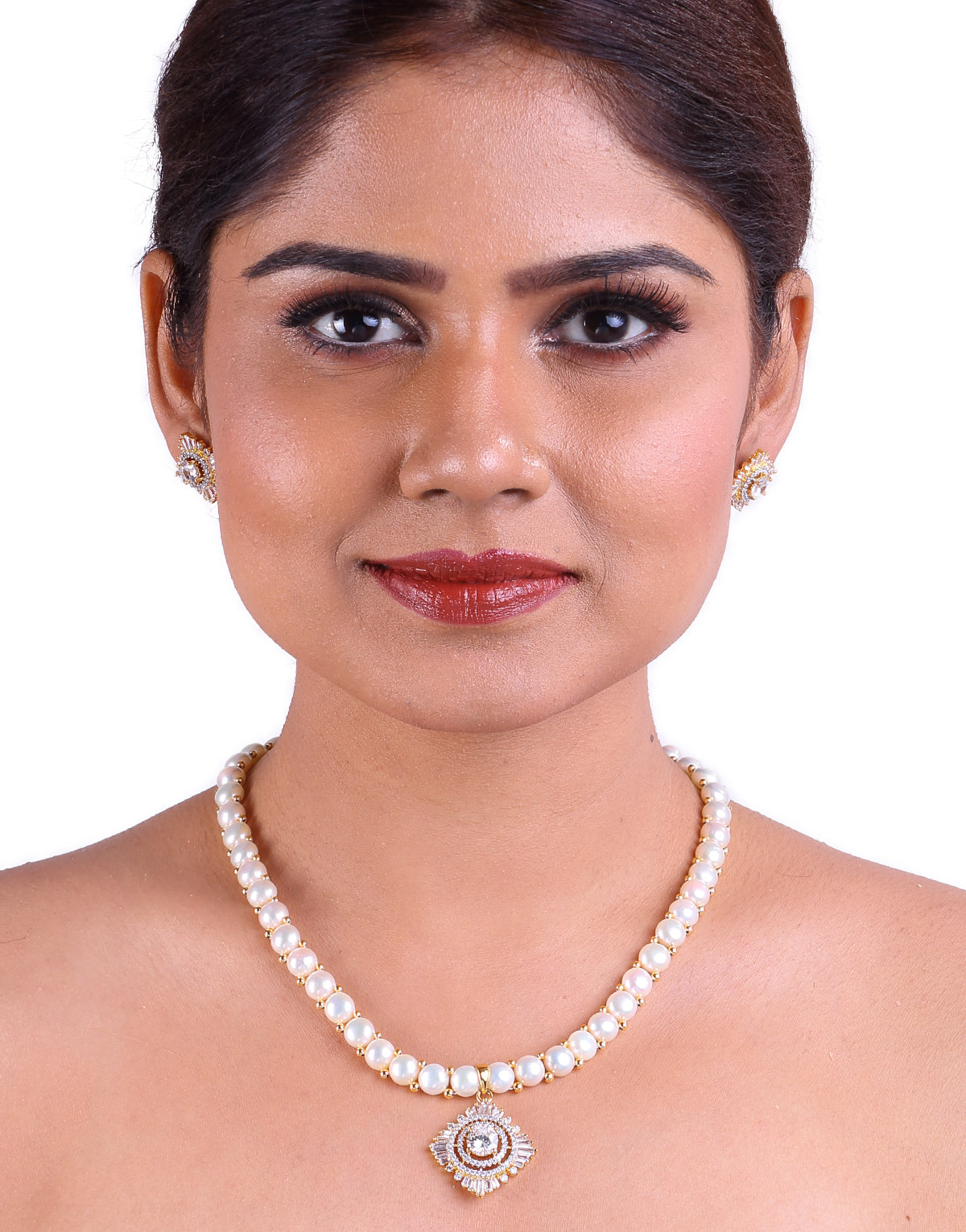 Lustrous and Dazzling Freshwater Button Pearl Set, With Cz Semi Precious Stone