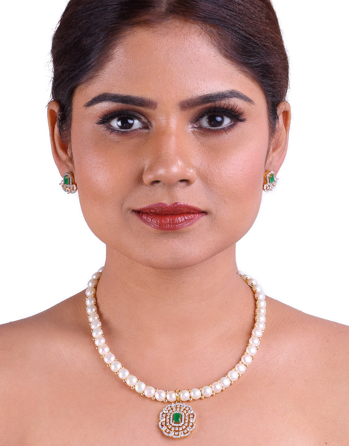 Exquisite Combination of Freshwater Button Pearl Set, With Cz Semi Precious Stone