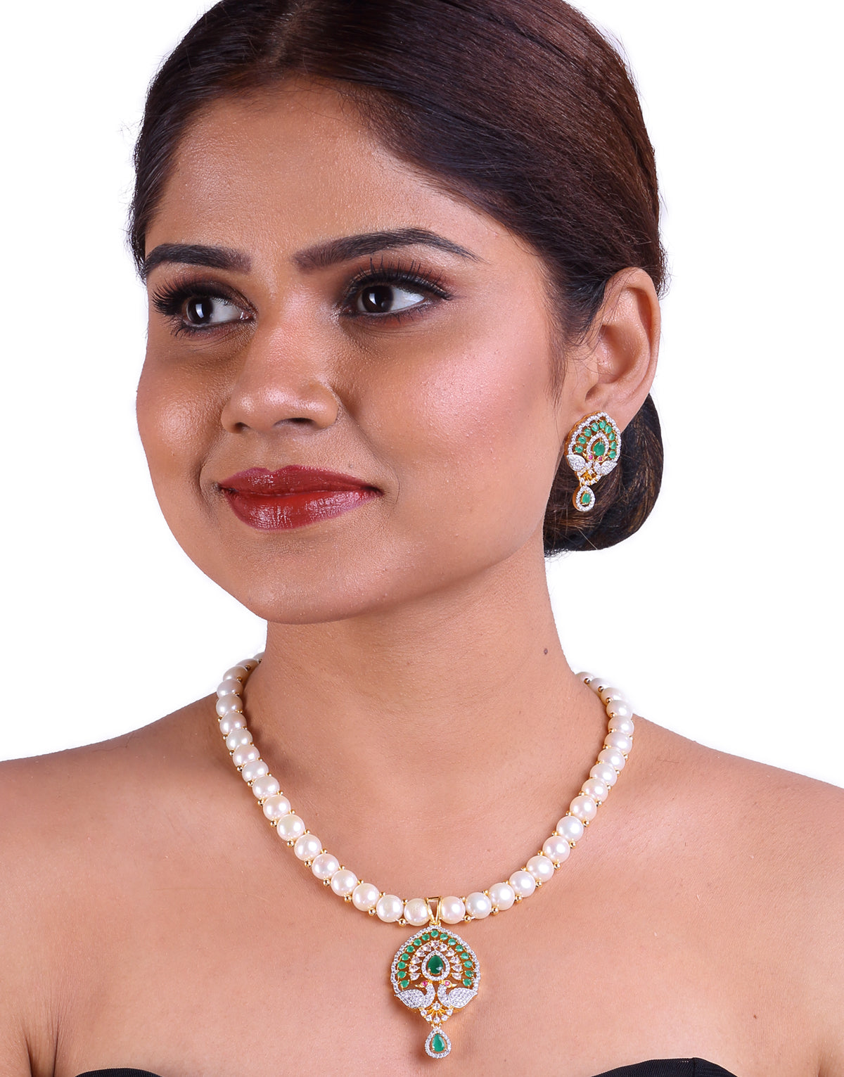 Subtle Freshwater Button Pearl Set with Cz Semi Precious Stone