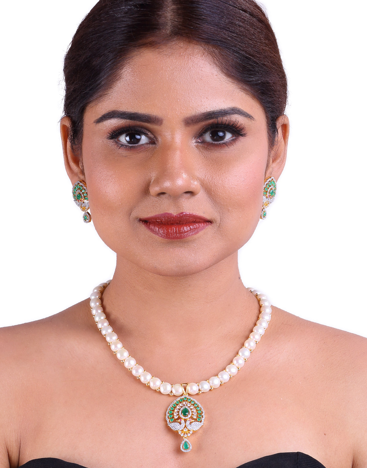 Subtle Freshwater Button Pearl Set with Cz Semi Precious Stone