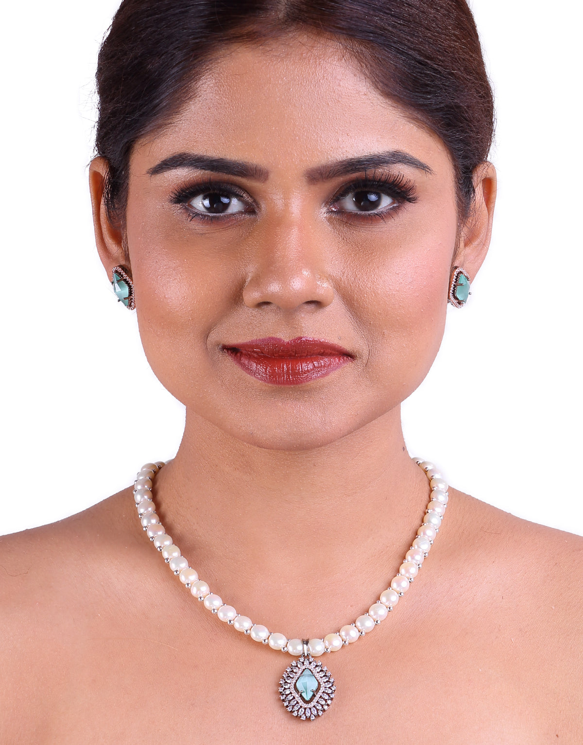 Extraordinary and Stunning Freshwater Button Pearl Set with Cz Semi Precious Stone