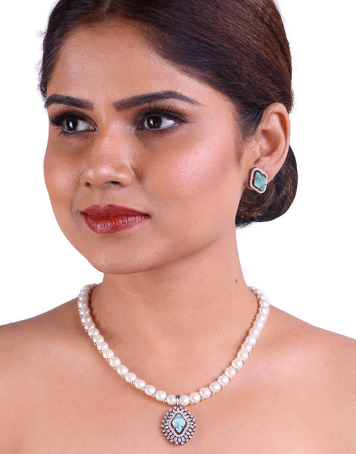 Extraordinary and Stunning Freshwater Button Pearl Set with Cz Semi Precious Stone