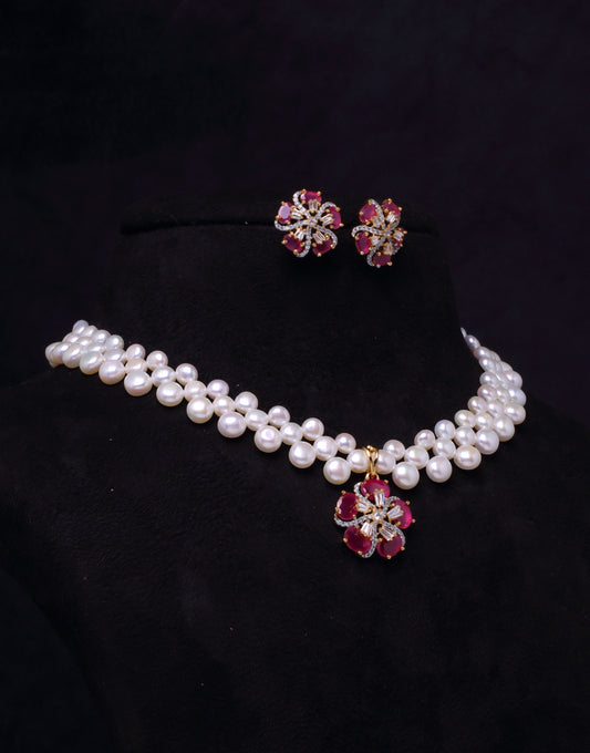 Attractive and Elegant-  Freshwater Button Pearl Set, With Cz Semi Precious Stone