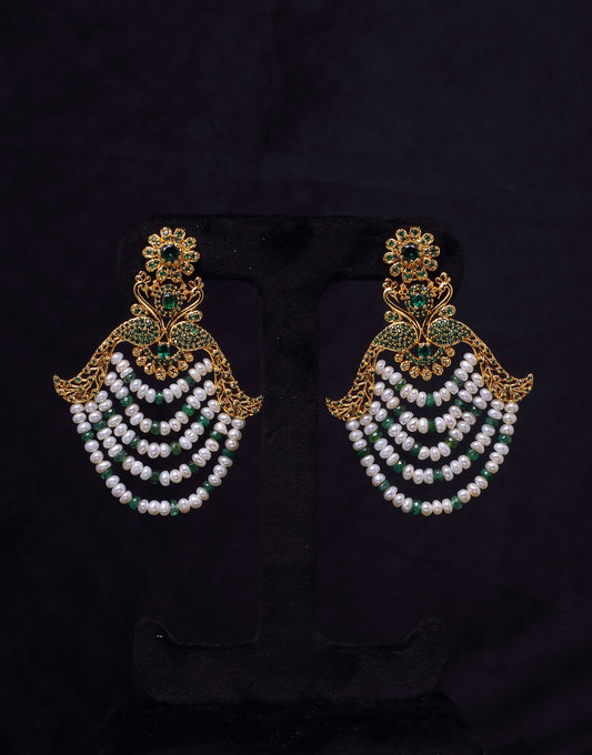 Traditional Chand Bali Pearl & Emerald With Semi Precious Stone